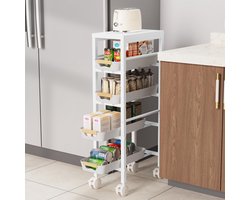 Rolwagen smal, 20 cm, keukenwagen, metaal met 5 niveaus, wit, niswagen op wielen met 4 laden en houten plaat, voor keuken, badkamer, kantoor, 31 x 81 cm
