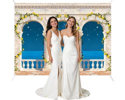 Romaanse zuilen en bogen voor zee-landschap decoraties, romantische tuinachtergronden met bloemen en bladeren voor feesten en fotografie