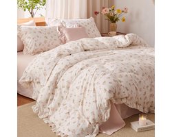 Romantisch Dekbedovertrek met Roze Bloemen & Ruches – Zacht Microvezel Beddengoed – Inclusief Kussenslopen – Met Ritssluiting – Wit/Roze