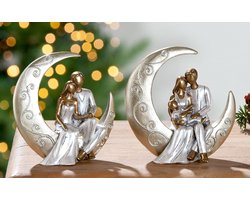 Romantisch Koppel op Maan Beeld - Set van 2 - 12cm Hoog - Handgemaakt Gezin & Liefde Design Sculptuur Woonaccessoire valentijn