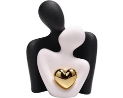 Romantisch paar sculptuur met gouden hart - decoratief keramisch figuur in zwart en wit - modern beeld voor woonkamer - huwelijkscadeau - woondecoratie