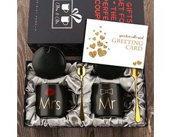 Romantische Marmeren Koffiemokken Set Voor Koppels - Luxe Keramische Theekopjes Met Gouden Rand En Lepels In Geschenkdoos - Perfect Voor Bruiloft, Verloving En Verjaardag