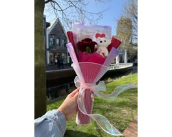 Romantische Roos & Teddybeer Cadeauset – Chenille Bloem Handgemaakt – Cadeau Voor Haar – Jubileum – Liefde – Pijpenrager Roos – Blijvend Boeketje – Valentijn