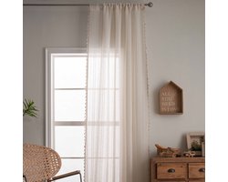 Romige witte semi-transparante gestreepte gordijnen voor de woonkamer en slaapkamer, gestructureerde voile transparante boho lichtfilterende boerderijgordijnen met oogjes,roedezakken,140x160cm