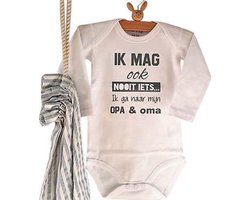 Rompertje baby met tekst  Ik mag ook nooit iets ik ga naar mijn Opa en Oma | Lange mouw | wit zwart | maat 62/68 | teksten spreuk regels voor bij de liefste leukste trotse opa en oma thuis