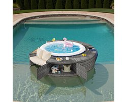 Rond Bubbelbad Omranding met Opbergruimte & Zitplaatsen – Poly Rattan & Hout Zwembadrand, Ø 283 cm, Modern Grijs, Poedergecoat Stalen Frame, Luxe Outdoor Spa Meubelset HomeByNicole