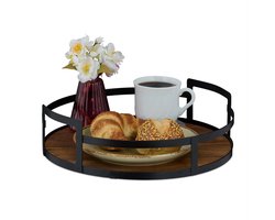 Rond dienblad - serveerblad met handgrepen - 1 stuk - hout met metalen rand - 8,5 x 30,5 cm