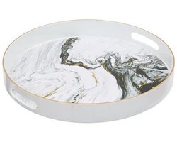 Rond Dienblad Wit Marmer Look - 33 cm - Met Handvatten - Glanzend Plastic - Marmerenlook - Stenen Look - Witte Kleur - inclusief handvat