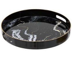 Rond Dienblad Zwart Marmer Look - 33 cm - Met Handvatten - Glanzend Plastic - Marmerenlook - Stenen Look - Zwarte Kleur - inclusief handvat