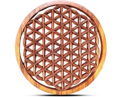 Rond Houten Wandpaneel – Bloem des Levens – Handgesneden Suar Hout – Ø40 cm – Decoratief Wandornament