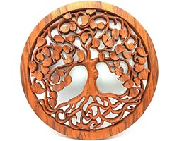 Rond Houten Wandpaneel – Levensboom Love – Handgesneden Suar Hout – Ø40 cm – Decoratief Wandornament