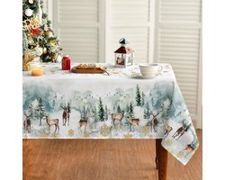 Rond kersttafelkleed met gouden sneeuwvlokken, bomen en rendieren – Ø 120 cm, wintertafellinnen met vogels en vlekbescherming voor keuken, feest en eettafel