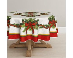 Rond kersttafelkleed met poinsettia bloemen, bladeren en strikken – Ø 120 cm, wintertafellinnen met vlekbescherming voor keuken, eettafel en feestdecoratie