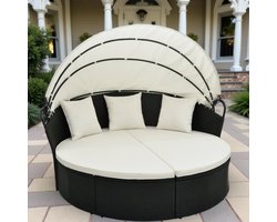Rond Ligbed voor Terras – 187 x 180 x 157 cm – Rieten Design met Oprolbaar Zonnescherm en Kussens – Geschikt voor Tuin, Veranda of Zwembad - Industrialhome