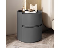 Rond nachtkastje met 2 lades van massief hout en microvezel leer – Modern design bijzettafel voor slaapkamer – Kant-en-klaar gemonteerd opbergkastje in Dark Gray met wit blad – Mobili Bella