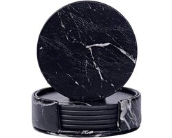 Rond Onderzetters Set van 6,Zwart Marmeren Keramische Onderzetters Met Houder voor Verschillende Kopjes Tafel- en Woondecoratie,10cm