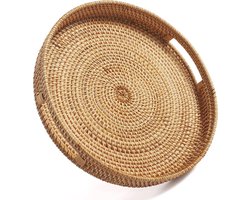 Rond rotan dienblad met handvat, geweven decoratief dienblad voor salontafel, Ottomaans natuurlijk (klein 30 cm x 6 cm)