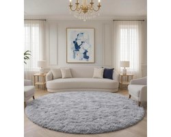 rond shaggy vloerkleed, voor de slaapkamer, pluche vloerkleed, modern binnentapijt, kleurrijk, batik, kunstwol, fluweel, hoogpolig, bont-look, gezellig kleed voor bij bed of bank (grijs, 150