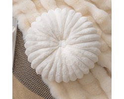 Rond sierkussen | Zacht sierkussen van imitatiebont | Klein sierkussen in pompoenvorm | Geschikt voor de bank in de woonkamer (wit, diameter 35 cm)