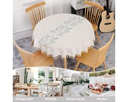 Rond Tafelkleed 140 cm - Beige met Groene Bladborduursels en Kwastjes - Vlekbestendig, Wasbaar - Geschikt voor Keuken, Eettafel, Koffietafel