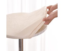 Rond tafelkleed, 140 cm lang, met elastische randen, afwasbaar en vlekbestendig rond tafelkleed van kunststof, beige, waterbestendige placemat voor in de keuken, tuin en café (geschikt voor tafels van 125 tot 130 cm).
