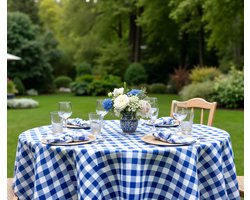 Rond Tafelkleed – Blauw-Wit Geruit – 200Ø – 4x4 cm Geweven Ruit – Oktoberfest Stijl – Strijkvrij – Voor Binnen & Buiten