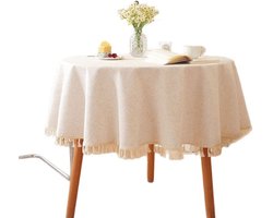 Rond tafelkleed - gemaakt van een katoen-linnenmix - met kwastjes - geschikt voor de keuken, eetkamer en eettafel - afmeting 150×150 cm - beige - 1 stuk.