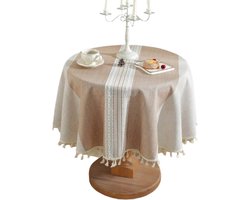 Rond tafelkleed - linnen en katoenen tafelkleed - tafelkleed - tafellaken - wasbaar - vlekbestendig - met kwastjes - gestreept borduurwerk - voor verjaardagen , bruiloften , eetkamers , salontafels - 120 cm - khaki