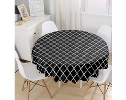 Rond Tafelkleed Ø140cm - De Groen Home - Bedrukt Velvet Textiel - Witte ogea ruit op zwart - Tafelkleden - Tafellaken