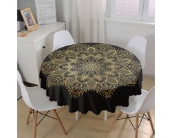 Rond Tafelkleed Ø140cm - Gold mandala op zwart - Bedrukt Velvet Textiel - Tafelkleden - Tafellaken