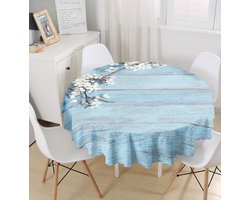 Rond Tafelkleed Ø140cm - Tafelkleden - Tafellaken De Groen Home - Bedrukt Velvet Textiel - Bloemen op blauwe houten