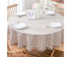 Rond Tafelkleed - Tafelhoes Decoratief - Eettafel Beschermen - Geruite Kwastjes - 170 cm - Blauw