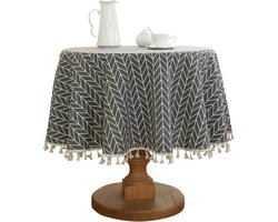 Rond Tafelkleed - Tafelkleed met gestreepte kwastjes van katoen en linnen- Tafelkleed Afwasbaar - voor tafeldecoratie in de keuken en eetkamer - Rond - 150 x 150 cm