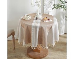 Rond tafelkleed - Tafelkleed van linnen en katoen - Wasbaar - Vlekbestendig - Met franjes - Gestreept borduurwerk - Voor verjaardagen, bruiloften, restaurants, salontafels - 120 cm - Khaki