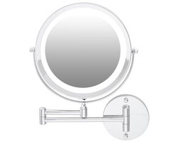 Rond Verlichte Wandmake-up Spiegel 9" met 1X/7X Vergroting, Draadloze Dubbelzijdige Vergrotende Spiegel, 360° Draaimogelijkheid, Uittrekbare en Vouwbare Arm, Gepolijst Chroom