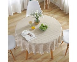 Rond, vlekbestendig katoen-linnen tafelkleed, wasbaar, met kwastjes, linnenstructuur, geschikt voor restaurants, feesten, thuis, tuinen, enz., 150 cm in diameter, bruine strepen.