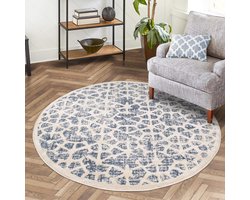 Rond Vloerkleed Blauw 200x200 cm Geometrisch Scandi-Stijl Laagpolig Tapijt Modern