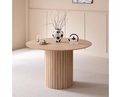 Ronde 120 cm Farmhouse Eettafel voor 4-6 Personen | Boerderijkeukentafel met MDF Tafelblad en Houten Cilindrisch Onderstel | Licht Houtnerf | Multifunctionele Tafel voor Keuken, Eetkamer en Woonkamer | Meda Home Store