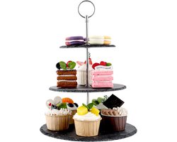 Ronde 3-laags Etagère van Leisteen met Zwart Metalen Frame voor Gebak en Desserts