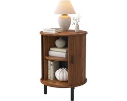 Ronde Bijzetkast 48x48x65 cm - 1 Schuifdeur - Verticale Groeven - Zwarte Handgreep & Poten - 1 Tussenplank - 2 Opberglagen