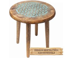 Ronde bijzettafel bloem van het leven blauwe print mangohout spiritueel