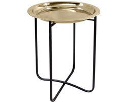 Ronde bijzettafel CASABLANCA 50cm messing goud zwart dienblad uitneembaar opvouwbaar - 44353