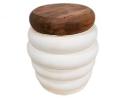 Ronde Bijzettafel Cement & Teak - Solide en Duurzaam - Bruin / Wit - Ø 40 cm x 50 cm