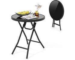 Ronde bijzettafel - Inklapbare tafel - Buiten of binnen - Gehard glazen blad - 46 cm diameter - Zwart