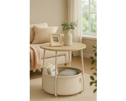 Ronde bijzettafel, kleine tafel, kleine salontafel, woonkamertafel met stoffen mand, opbergruimte voor woonkamer, slaapkamer, modern nachtkastje, crèmewit