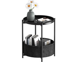 Ronde bijzettafel - Kleine tafel - Opbergen en decoreren - Met stoffen mand - 45 x 52 cm - Zwart