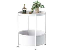 Ronde bijzettafel - Kleine tafel - Ruimtebesparing - Met stoffen mand - 44.5 x 44.5 x 52 cm - Wit