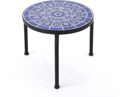 Ronde Bijzettafel met Blauw-Witte Keramische Tegel & Zwart IJzeren Frame