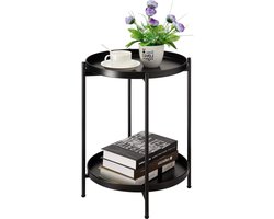 Ronde Bijzettafel met Metalen Frame en Twee Lagen - Geschikt voor Woonkamer, Slaapkamer, Balkon of Terras - Zwart