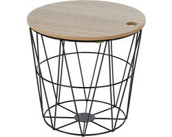 Ronde Bijzettafel met Opbergmand en Houten Deksel - Zwart Ø22xH21 cm